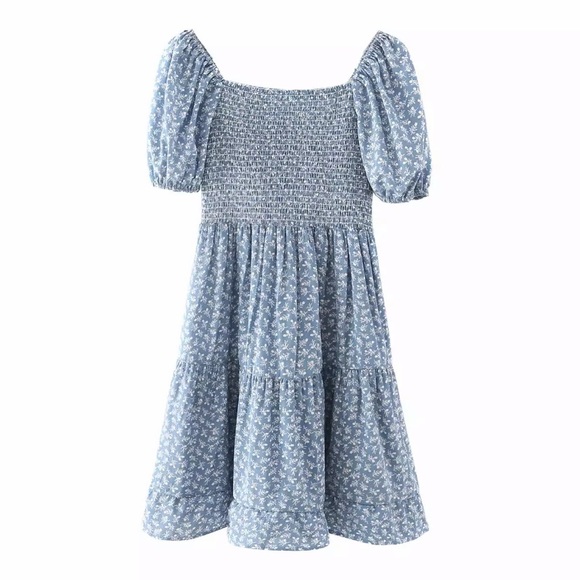 CLEARANCE Light Blue Floral Smocked Square Neck Mini Dress - Picture 2 of 10